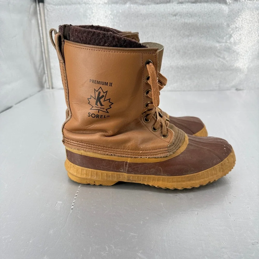 Sorel Premium II Mens 10 Duck Boots VTG Kaufman Canada Leather Wool Tan Brown